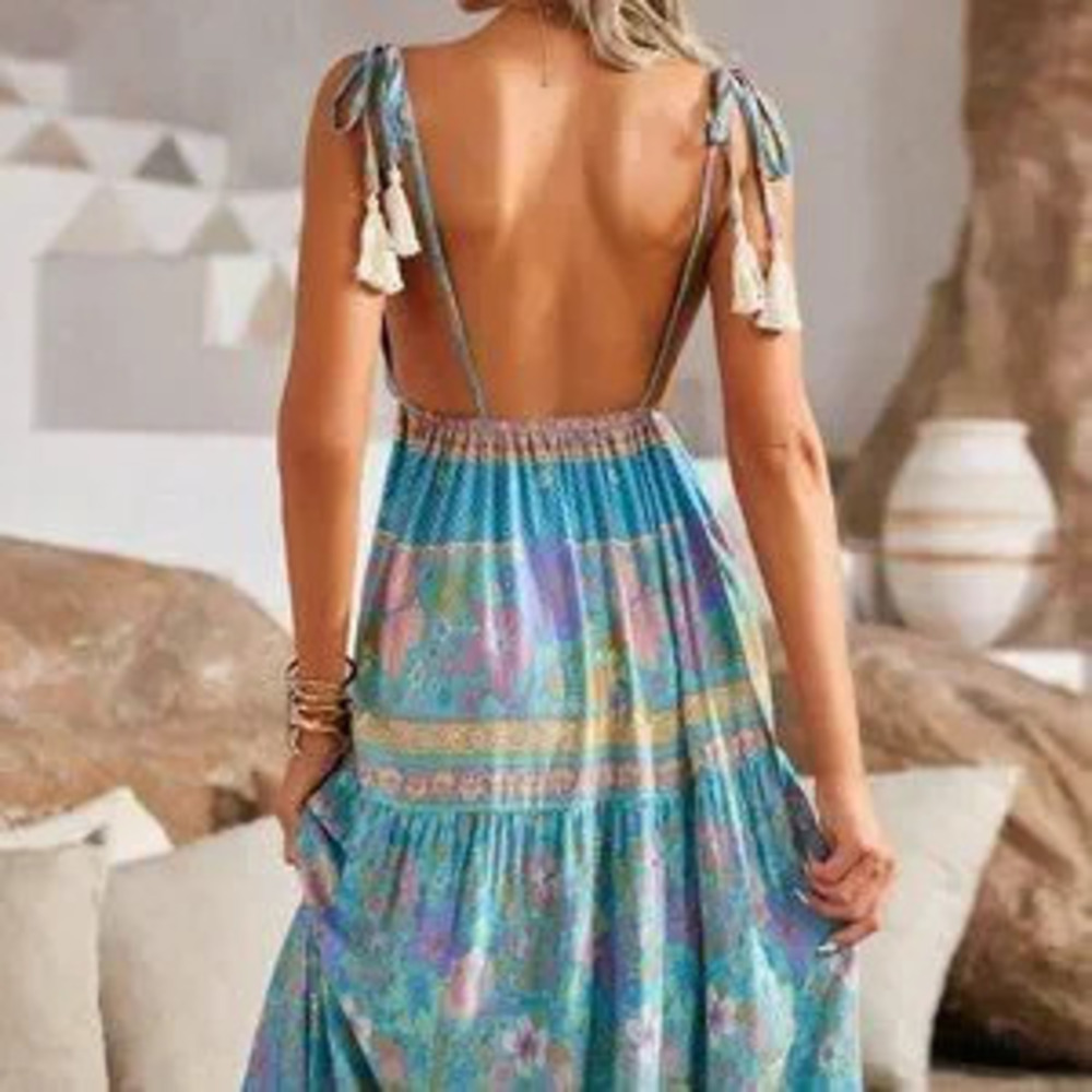 Blue Boho Womens Floral Print Ruffle Hem Cami Dress